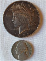 1922 Peace Dollar (no mint mark), + 1949 Nickel