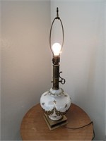Vintage White Frosted Lamp w Gold Flowers