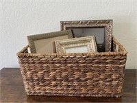 Home Decor Lot with Wicker Basket and (3) Frames