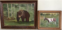 (2) Oil on Canvas Framed Bear and Horse Paintings