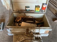 Wooden chest with contents.  Old tins