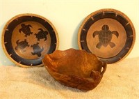 2 Turtle Ceramic & Carved Wood Bowls