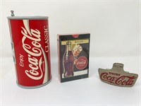 Coca Cola can radio, playing cards and bottle