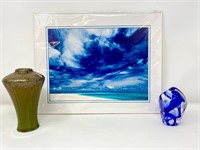 Beach photo, glass art and small green vase