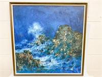 Large signed Oil/Acrylic rocky shore painting. 32"