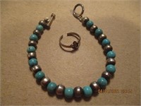 925 Turquoise Beaded Bracelet& 925 Toe Ring-14.5 g