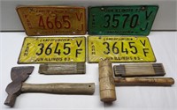 Lot: License Plates, Hammer, Rulers