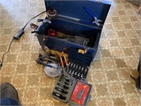 Blue heavy steel toolbox with contents
