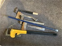 36 inch pipe wrench, prybar, hatchets, hammers