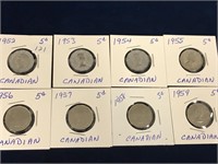 1952, 53, 54, 55, 56, 57, 58, 59 Canadian nickels