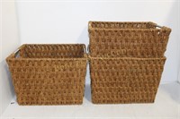 3 WOVEN BASKETS, STRAW HATS