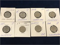 1944, 45, 49, 50, 51, 51c, 60, 62 Canadian nickels