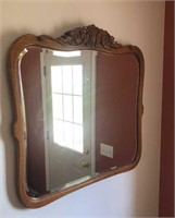 Antique Oak Scroll Work Beveled Mirror