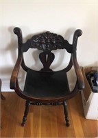 Antique Scroll Work Barrel Chair Face on Back