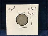 1919 Canadian silver ten cent piece