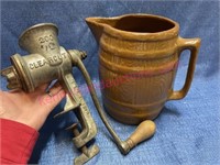 Old brown stoneware pitcher & Clearcut grinder