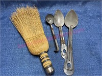 Old grey enamel utensils & whisk broom