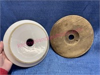 (2) Antique dasher churn lids (stoneware & wood)
