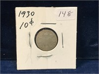 1930 Canadian silver ten cent piece