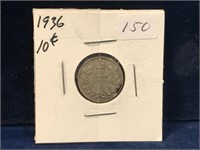 1936 Canadian silver ten cent piece