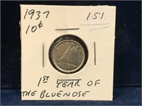 1937 Canadian silver ten cent piece