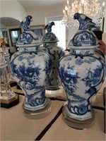 PAIR OF BLUE ASAIN CERAMIC VASES WITH STANDS 15"