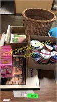 Wicker basket, box of ribbons, misc