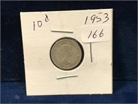 1953 Canadian silver ten cent piece