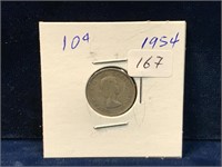 1954 Canadian silver ten cent piece
