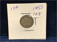 1955 Canadian silver ten cent piece