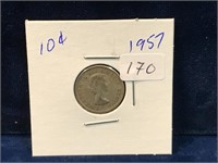 1957 Canadian silver ten cent piece