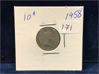 1958 Canadian silver ten cent piece