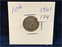 1961 Canadian silver ten cent piece