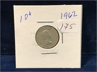 1962 Canadian silver ten cent piece