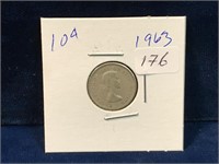 1963 Canadian silver ten cent piece