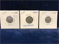 1968, 69, 1969 Canadian dimes
