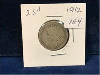 1912 Canadian silver twenty five cent piece