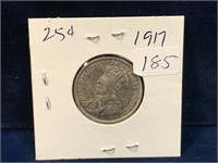 1917 Canadian silver twenty five cent piece
