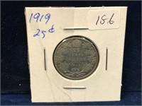 1919 Canadian silver twenty five cent piece