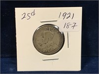 1921 Canadian silver twenty five cent piece