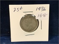 1936 Canadian silver twenty five cent piece