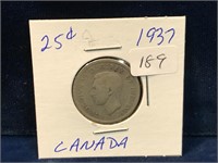 1937 Canadian silver twenty five cent piece