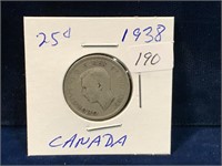 1938 Canadian silver twenty five cent piece