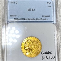 1911-D $5 Gold Half Eagle NNC - MS62