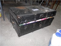 Steamer trunk w/ blankets, & small suitcase