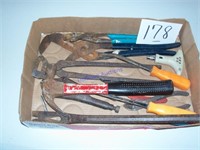 Pry bar, channel lock, hammer, vice grips