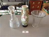 Glass Decanter & (2) Vases