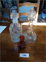 (2) Decanters & Small Red Vase