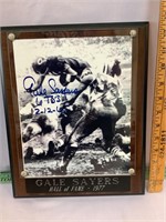 Gale Sayers signed picture in HOF plaque