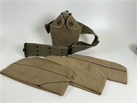 WW II US Army canteen & belt w/ three caps